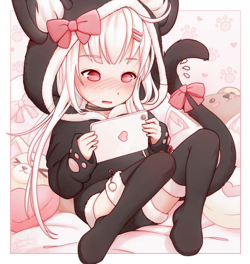 1girl animal_ears animal_hood black_choker black_hoodie black_shorts black_thighhighs blush cat_ears cat_tail child choker female_focus full_body fur-trimmed_hood fur-trimmed_shorts fur-trimmed_thighhighs fur_trim hair_ornament hairclip highres hood hood_up hoodie long_hair long_sleeves monchichiwa nose_blush open_mouth original parted_lips pink_eyes pink_ribbon ribbon shorts sleeves_past_wrists solo tail tail_ornament tail_ribbon thighhighs white_hair