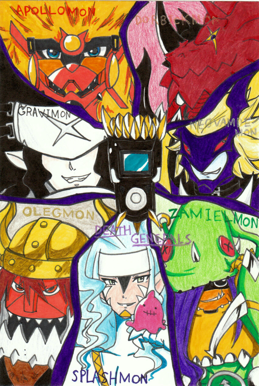 apollomon big_death-stars black_eyes death_generals digimon digimon_(creature) dorbickmon drippin_(digimon) fang gravimon hat highres neovamdemon olegmon smile splashmon zamielmon