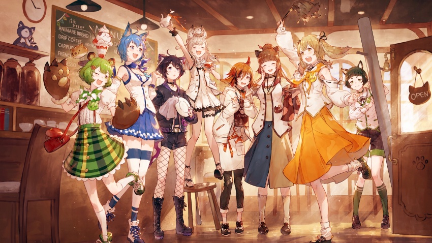 6+girls absurdres animal_ears animare apron arm_up armpits blush cafe chair closed_eyes commentary_request door duster hashiba_natsumi_(animare) highres hinokuma_ran inaba_haneru kazami_kuku long_hair multiple_girls nanashi_inc. object_on_head official_art one_eye_closed open_mouth shiromiya_mimi short_hair souya_ichika souya_ichika_(1st_costume) standing_on_object tray virtual_youtuber yunohara_izumi