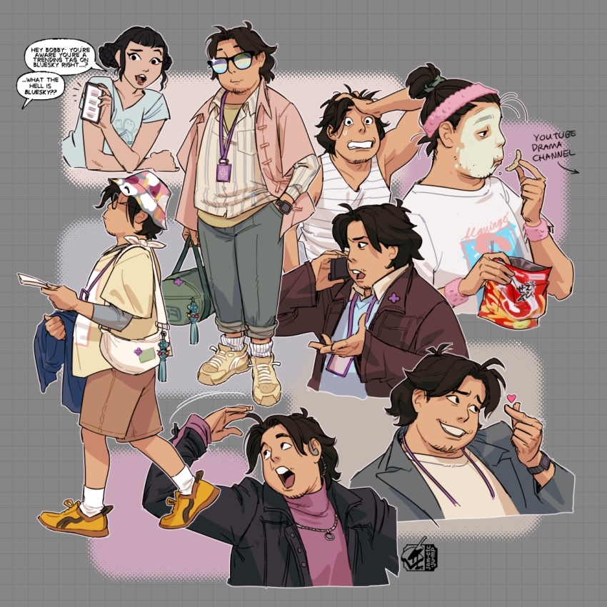 1boy 1girl arm_up artist_logo bag beard_stubble beauty_mask black_hair black_jacket bobby_(kpop_demon_hunters) bucket_hat cellphone chips_(food) closed_mouth coat commentary eating english_commentary english_text facial_hair finger_heart food grey_coat grey_pants hair_tie hand_in_pocket hand_on_own_head hat headband heart holding holding_bag holding_food holding_jacket holding_paper holding_phone holding_unworn_clothes jacket jam_etc_art kpop_demon_hunters logo looking_to_the_side multiple_views open_clothes open_mouth open_shirt pants paper phone pink_shirt ponytail shirt smile speech_bubble stubble sunglasses sweatdrop talking_on_phone unworn_jacket zoey_(kpop_demon_hunters)