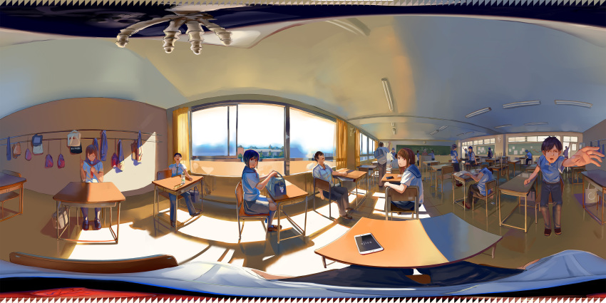 360_panorama 6+boys 6+girls absurdres ajisa arm_behind_back artist_name bag bag_charm belt black_footwear black_hair black_pants black_skirt black_socks blue_sailor_collar blunt_ends bottle brown_belt brown_eyes brown_footwear brown_hair ceiling_fan ceiling_light cellphone chair chalk chalkboard charm_(object) classroom clock closed_eyes closed_mouth collared_shirt commentary_request desk door eraser faceless faceless_female faceless_male glasses green_necktie hand_on_own_chest hand_on_table hand_up highres indoors kneehighs loafers long_hair looking_at_viewer multiple_boys multiple_girls neckerchief necktie notebook open_mouth original panorama pants paper pen phone picking_up pointing pointing_up pov reaching reaching_towards_viewer red_neckerchief sailor_collar school school_bag school_chair school_desk school_uniform serafuku shadow shirt shoes short_hair short_sleeves sitting skeletal_hand skirt sleeping socks standing summer_uniform sunlight teacher walking water_bottle waving white_hair white_shirt window