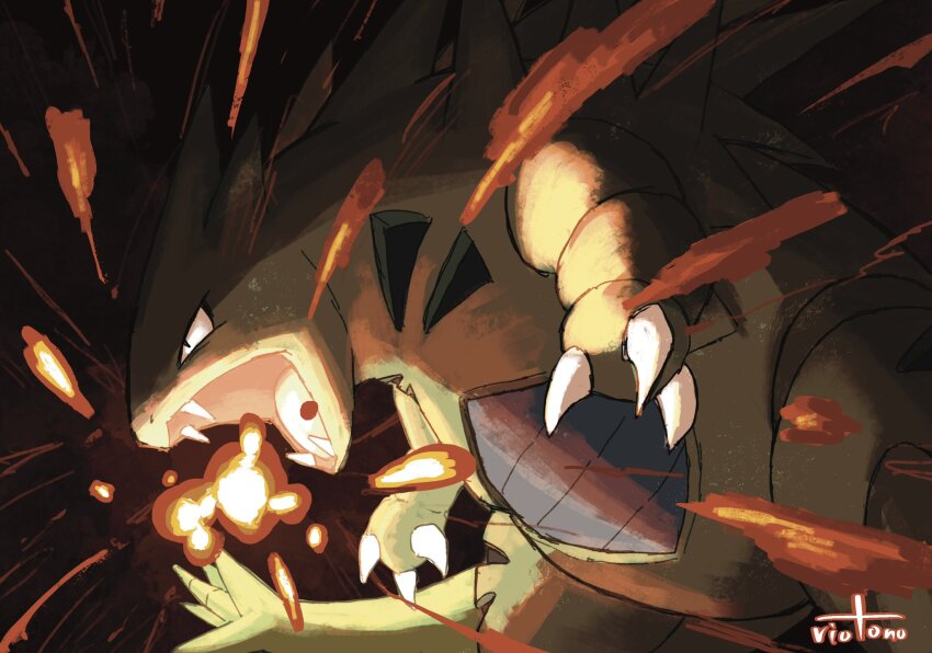 animal_focus bright_pupils claws energy_ball fangs gen_2_pokemon highres nintendo no_humans open_mouth pokemon pokemon_(creature) pokemon_focus powering_up riotono_0643 shaded_face simple_background solo standing tyranitar