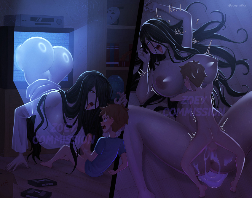 1boy 1girl 2koma age_difference artist_name ass between_breasts black_hair blush bottomless breasts brown_hair comic completely_nude cum cum_in_pussy cum_on_body cum_on_legs cumdrip dress hair_over_one_eye hanging_breasts head_between_breasts highres hug instant_loss large_breasts long_hair missionary nipples nude onee-shota open_mouth shirt shota spectrophilia the_ring through_medium through_screen tongue tongue_out white_dress yamamura_sadako zoeynsfwx