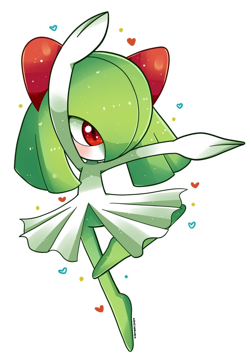 blush colored_skin commission dancing domestic_maid gen_3_pokemon green_hair green_skin hair_over_one_eye heart highres horns kirlia multicolored_skin nintendo pokemon pokemon_(creature) red_eyes sidelocks simple_background two-tone_skin white_background white_skin