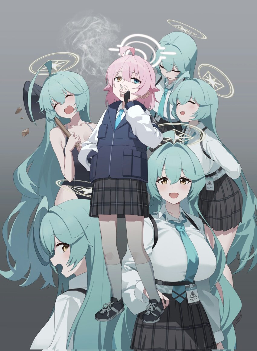 2girls abydos_high_school_swimsuit ahoge black_footwear black_one-piece_swimsuit black_skirt black_vest blue_archive blue_eyes blue_necktie blush cigarette collared_shirt green_hair grey_socks hair_between_eyes halo heterochromia highres hoshino_(blue_archive) hoshino_(first_year)_(blue_archive) hoshino_(young)_(blue_archive) long_hair long_sleeves multiple_girls multiple_views nagul necktie one-piece_swimsuit open_mouth pink_hair pink_halo pleated_skirt school_swimsuit shirt shoes short_hair skirt smile smoking socks swimsuit vest white_shirt yellow_eyes yellow_halo yume_(blue_archive)