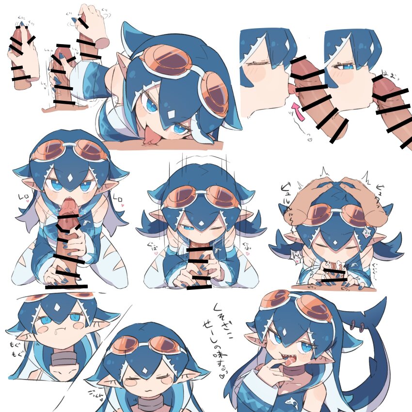 1boy 1girl absurdres blue_eyes blue_hair blue_nails blush_stickers commentary_request cum cum_in_mouth erection fellatio fingernails fins fish_tail goggles goggles_on_head hair_flaps handjob highres licking licking_penis medium_hair oral original penis pointy_ears shark_girl shark_tail sharp_fingernails sharp_teeth smile smug swallowing tail teeth tongue tongue_out translated zizi_niisan