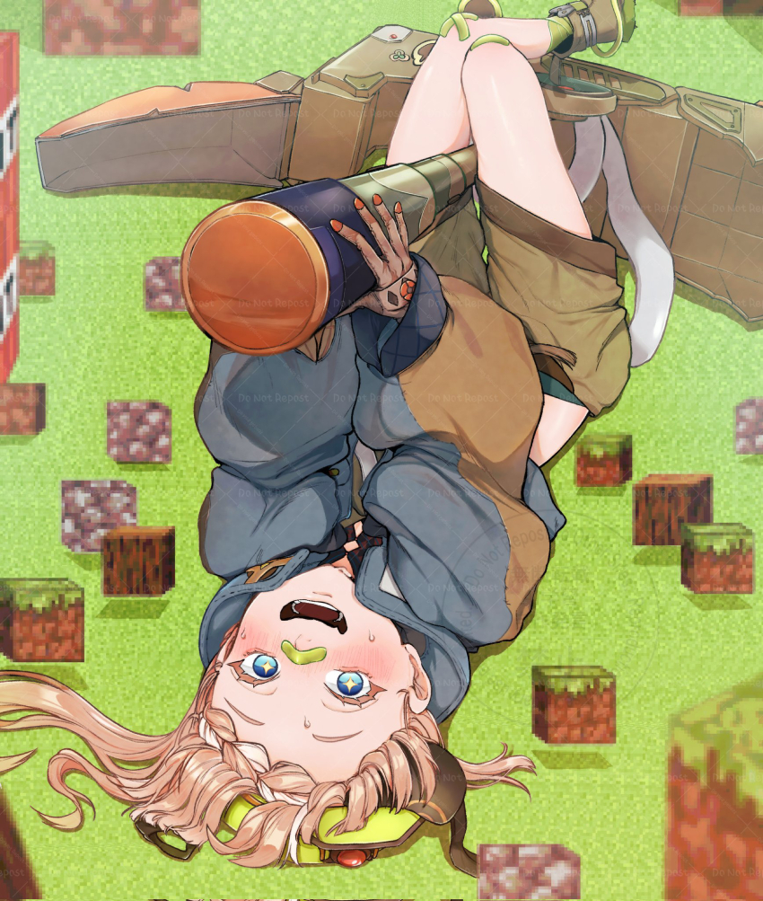 1girl bandaid bandaid_on_face bandaid_on_nose blue_eyes blue_jacket blush boots breasts brown_gloves brown_shorts cube fate/grand_order fate_(series) gloves highres hiyayaako jacket long_hair long_sleeves looking_at_viewer mining_helmet open_mouth orange_hair pickaxe shorts small_breasts smile solo upside-down van_gogh_(fate) van_gogh_(miner)_(fate)
