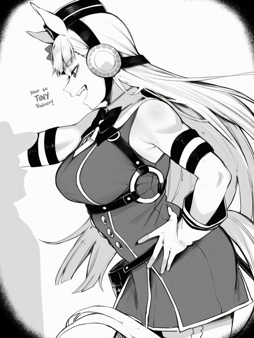 1boy 1girl absurdres animal_ears commentary english_commentary english_text from_side gold_ship_(umamusume) greyscale highres horse_ears horse_girl horse_tail masoq monochrome muscular muscular_female tail tall_female trainer_(umamusume) umamusume