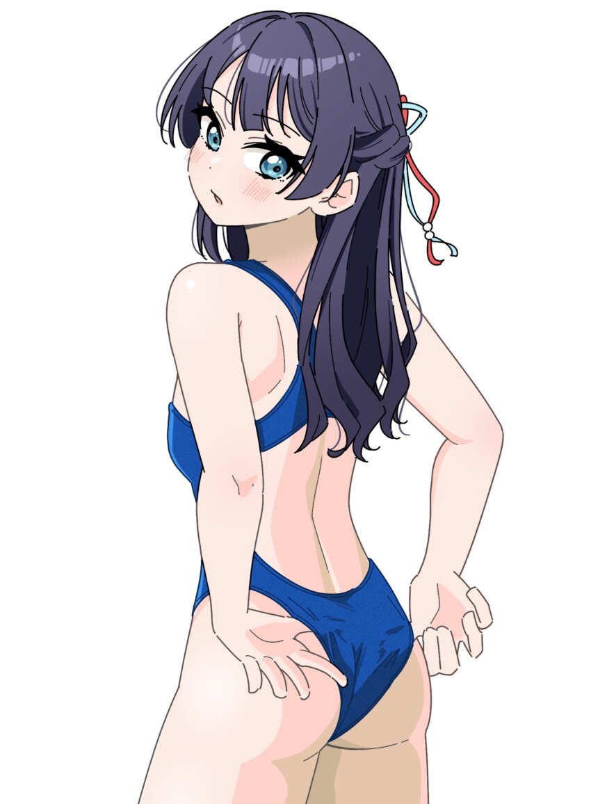 1girl adjusting_clothes adjusting_swimsuit ass bare_shoulders blue_eyes blue_one-piece_swimsuit blue_ribbon blush braid breasts commentary_request competition_swimsuit cowboy_shot hair_ribbon half_up_braid half_updo highres link!_like!_love_live! llkapital looking_at_viewer looking_back love_live! median_furrow murano_sayaka murano_sayaka_(swimsuit) official_alternate_costume one-piece_swimsuit parted_lips purple_hair racerback red_ribbon ribbon simple_background small_breasts solo standing swimsuit virtual_youtuber white_background