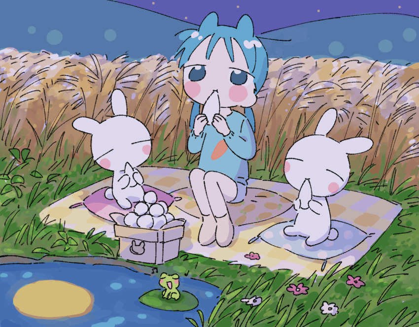 1girl 1nupool :t ^_^ animal animal_ears animated animated_gif ankle_socks beamed_eighth_notes blanket blinking blue_eyes blue_hair blue_shorts blush_stickers carrot_print closed_eyes closed_mouth creature cushion dancing dango facing_viewer flower food food_in_mouth food_print frog full_body full_moon grass hands_up hill holding holding_food knees_up leaning_to_the_side legs_together lily_pad long_hair long_sleeves looking_ahead looping_animation low_twintails moon music musical_note night no_eyebrows no_nose no_pupils no_shoes on_grass on_ground open_mouth original outdoors pink_flower rabbit reflection reflective_water sanbou shorts singing sitting smile socks star_(sky) tareme tile_wall tiles tsukimi tsukimi_dango twintails u_u w_arms wagashi water wheat wheat_field white_flower white_legwear zabuton