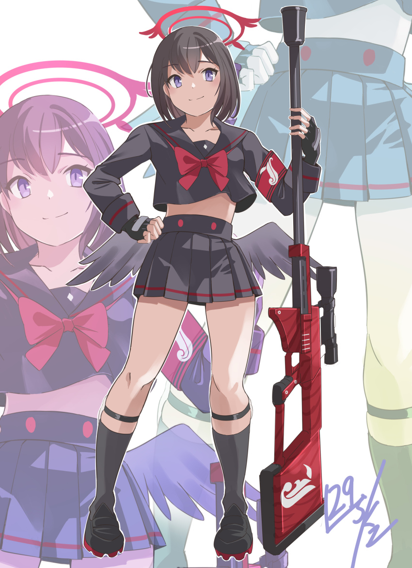 1girl absurdres ankle_strap armband black_gloves black_hair black_sailor_collar black_serafuku black_shirt black_shoes black_skirt black_socks black_wings blue_archive bow bowtie closed_mouth commentary_request feathered_wings fingerless_gloves full_body gloves gun hair_between_eyes halo hand_on_own_hip hand_up highres holding holding_gun holding_weapon kneehighs long_sleeves looking_at_viewer low_wings mashiro_(blue_archive) medium_hair midriff miniskirt nikulas_cage outline pleated_skirt purple_eyes red_armband red_bow red_bowtie red_halo sailor_collar school_uniform serafuku shirt shoes simple_background skirt slit_pupils smile socks solo split_mouth standing weapon white_background white_outline wings zoom_layer