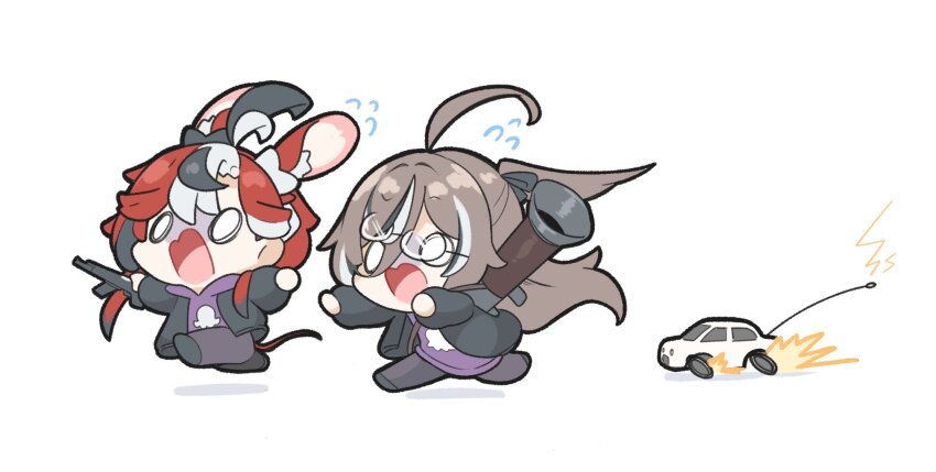 2girls ahoge animal_ears assault_rifle black_jacket black_ribbon brown_hair chibi flying_sweatdrops gun hair_over_one_eye hakos_baelz highres hololive hololive_english hololive_grand_theft_auto hood hoodie huge_ahoge jacket long_hair mouse_ears mouse_girl mouse_tail multicolored_hair multiple_girls nanashi_mumei o_o official_alternate_costume official_alternate_hairstyle one_side_up outstretched_arms purple_hoodie red_hair remote_control_vehicle ribbon rifle rocket_launcher rpg_(weapon) running screaming shirt short_hair snowmya streaked_hair tail toy_car very_long_hair virtual_youtuber weapon