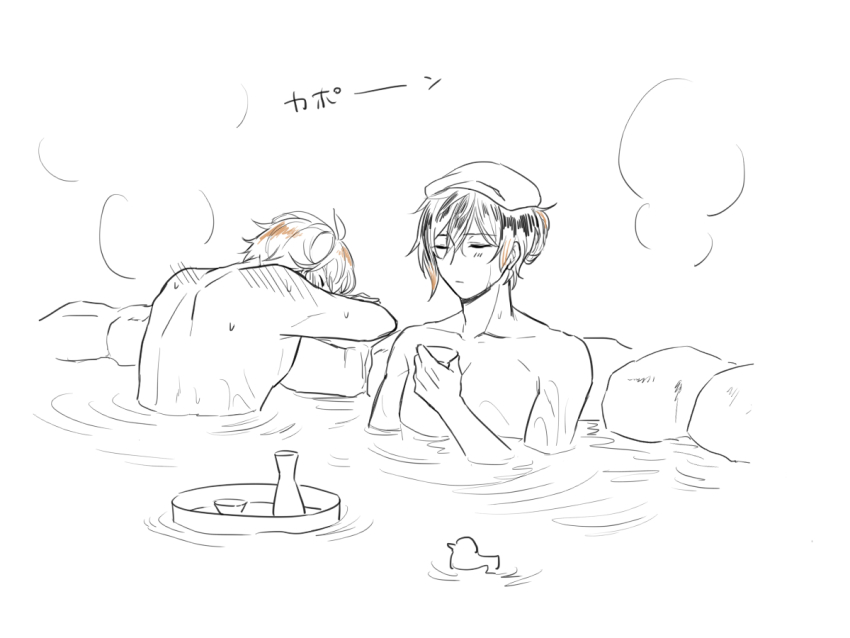 2boys alcohol alternate_hairstyle blush bottle choko_(cup) cup genshin_impact gils3105 greyscale head_down head_on_arm hotsprings image_sample monochrome multiple_boys onsen pixiv pixiv_sample sake sake_bottle tartaglia_(genshin_impact) towel towel_on_head white_background zhongli_(genshin_impact)
