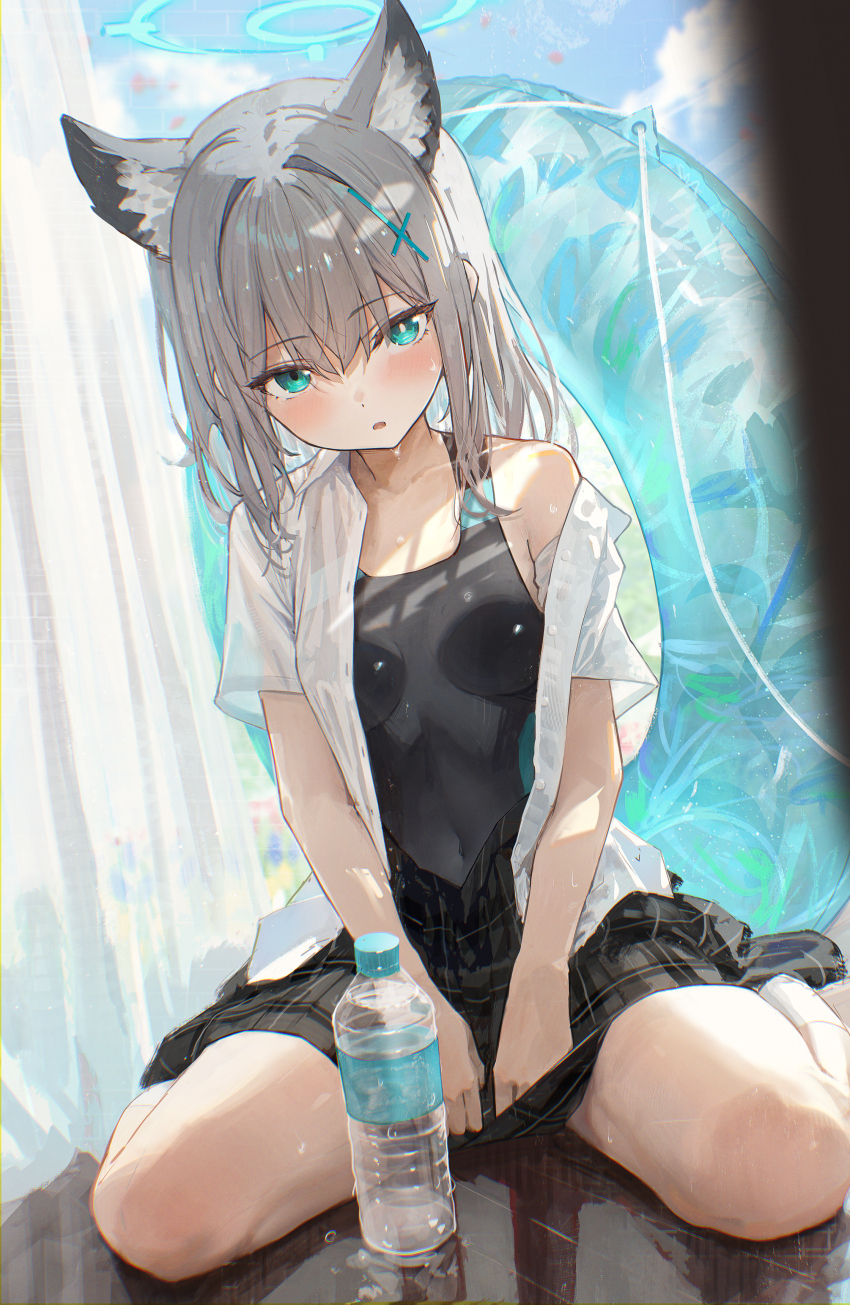 1girl absurdres alternate_costume animal_ears aqua_eyes black_skirt blue_archive bottle breasts bright_pupils grey_hair hidulume highres looking_at_viewer official_alternate_costume shiroko_(blue_archive) shiroko_(swimsuit)_(blue_archive) shirt sitting skirt solo swimsuit wariza water_bottle wet white_pupils white_shirt wolf_ears wolf_girl