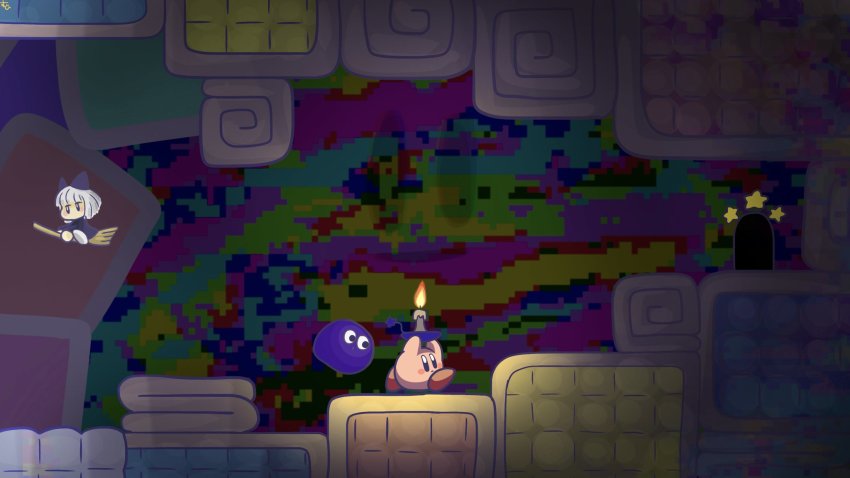 1girl bad_id bad_twitter_id bob_cut broom broom_riding candle candlestand carrying flying futon gooey_(kirby) highres keke_(kirby) kirby kirby_(series) nintendo running suyabi_(subikabi1426zoy) witch
