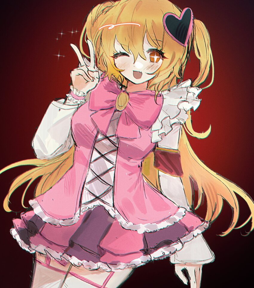 +_+ 1girl ;d armband breasts commentary cowboy_shot don_quixote_(project_moon) fang hair_ornament heart heart_hair_ornament highres kirimi_ch limbus_company long_hair long_sleeves looking_at_viewer one_eye_closed open_mouth pink_garter_straps pink_skirt pink_vest project_moon red_armband red_background simple_background skin_fang skirt smile solo thighhighs two_side_up v vest white_thighhighs