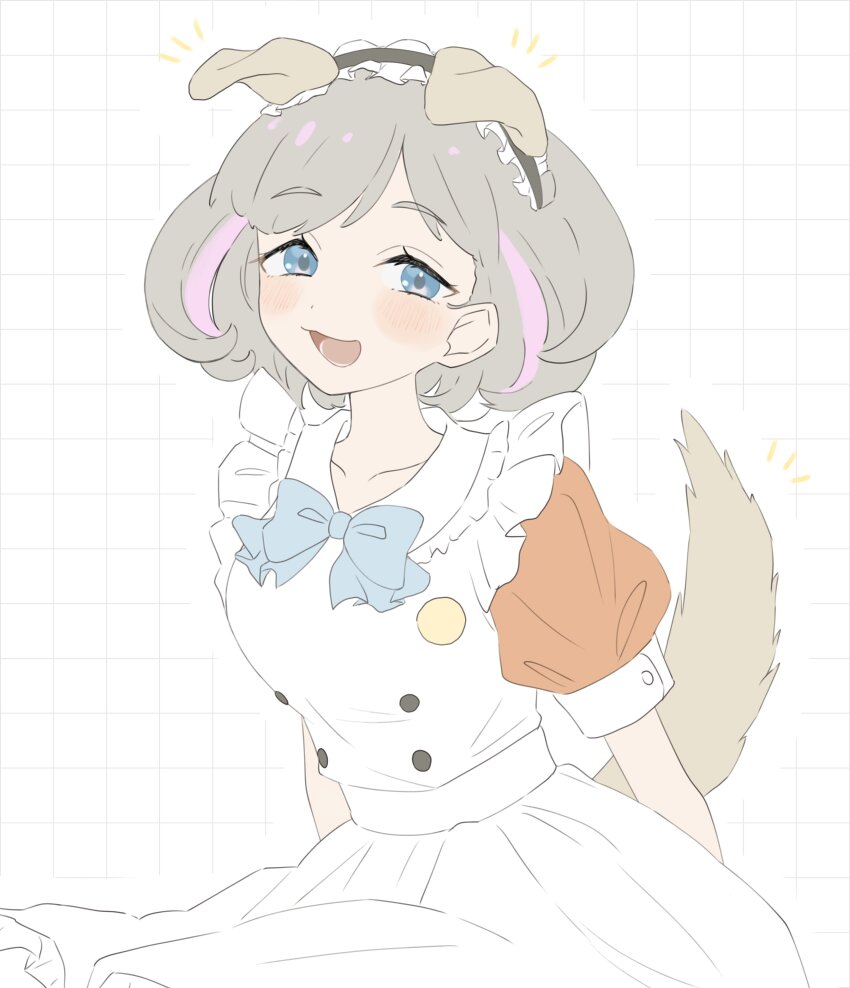 1girl :3 :d absurdres animal_ears blue_eyes breasts buttons collarbone collared_dress dog_ears dog_tail double-breasted dress grey_hair grid_background highres looking_at_viewer love_live! love_live!_superstar!! lower_teeth_only maid maid_headdress medium_breasts o_to_mo open_mouth orange_sleeves puffy_short_sleeves puffy_sleeves short_hair short_sleeves smile solo tail tang_keke teeth upper_body white_background white_dress