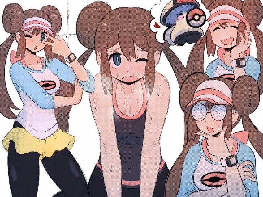1girl 2024_pokemon_teraleak amoonguss black_pantyhose blue_eyes breasts breath bright_pupils brown_hair cleavage closed_eyes coke-bottle_glasses commentary commission double_bun drooling gen_5_pokemon glasses hair_bun hand_on_own_chin hand_up heart highres long_hair looking_at_viewer mouth_drool multiple_views nintendo one_eye_closed open_mouth pantyhose pie_(aipiepo) pokemon pokemon_bw2 raglan_sleeves rosa_(pokemon) shirt shorts stroking_own_chin sweat twintails visor_cap white_pupils xtransceiver yellow_shorts