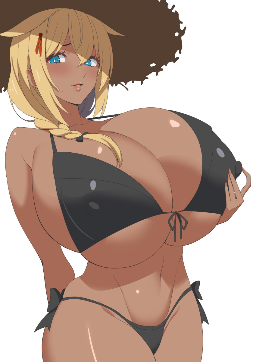 1girl absurdres bikini black_bikini blonde_hair blue_eyes blush braid breasts collarbone dark-skinned_female dark_skin gigantic_breasts hair_ornament hair_over_shoulder hat highres huge_breasts kantai_collection kloah long_hair looking_at_viewer parted_lips shigure_(kancolle) simple_background solo swimsuit white_background
