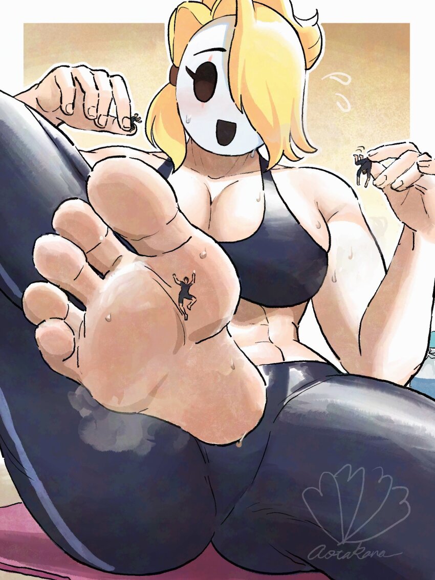 1girl 2025 3boys :d abs alternate_costume aotakana artist_logo bare_shoulders black_choker black_pants black_sports_bra blonde_hair blush border borrowed_character breasts brown_background choker cleavage collarbone commentary commission english_commentary feet feet_up foot_focus giant giantess gradient_background hair_over_one_eye highres holding indoors large_breasts legs_apart locket_white_(bakalorin) logo mario_(series) multiple_boys muscular muscular_female nintendo open_mouth original outside_border pants shy_gal size_difference smile soles sports_bra steaming_body stirrup_legwear sweatdrop swept_bangs tight_clothes tight_pants toeless_legwear toned toned_female white_mask yoga_pants