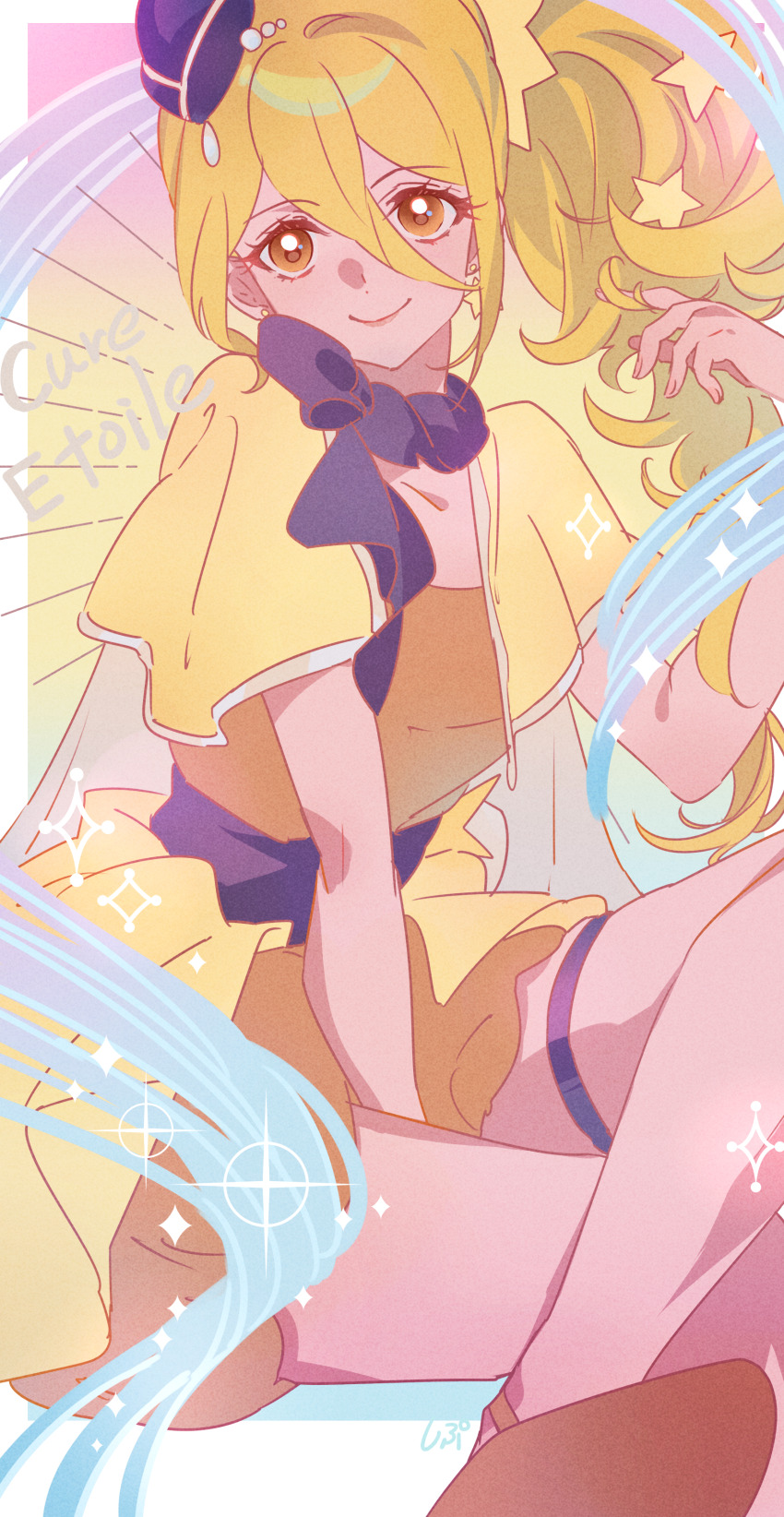 1girl absurdres bare_arms bare_legs blonde_hair blue_corset blue_hat blue_scarf border bubble_skirt cape character_name closed_mouth colorful_background corset crossed_legs cure_etoile eyelashes fingernails foot_out_of_frame gradient_background hagoromo hair_between_eyes hair_ornament hand_in_own_hair happy hat highres hugtto!_precure kagayaki_homare layered_skirt lips long_hair long_hair_between_eyes looking_at_viewer magical_girl mini_hat miniskirt orange_shirt orange_shoes orange_skirt outside_border precure scarf shawl shipu_(gassyumaron) shirt shoes side_ponytail signature sitting skirt smile solo sparkle star_(symbol) star_hair_ornament thigh_strap two-sided_cape two-sided_fabric white_border white_cape yellow_cape yellow_eyes yellow_skirt