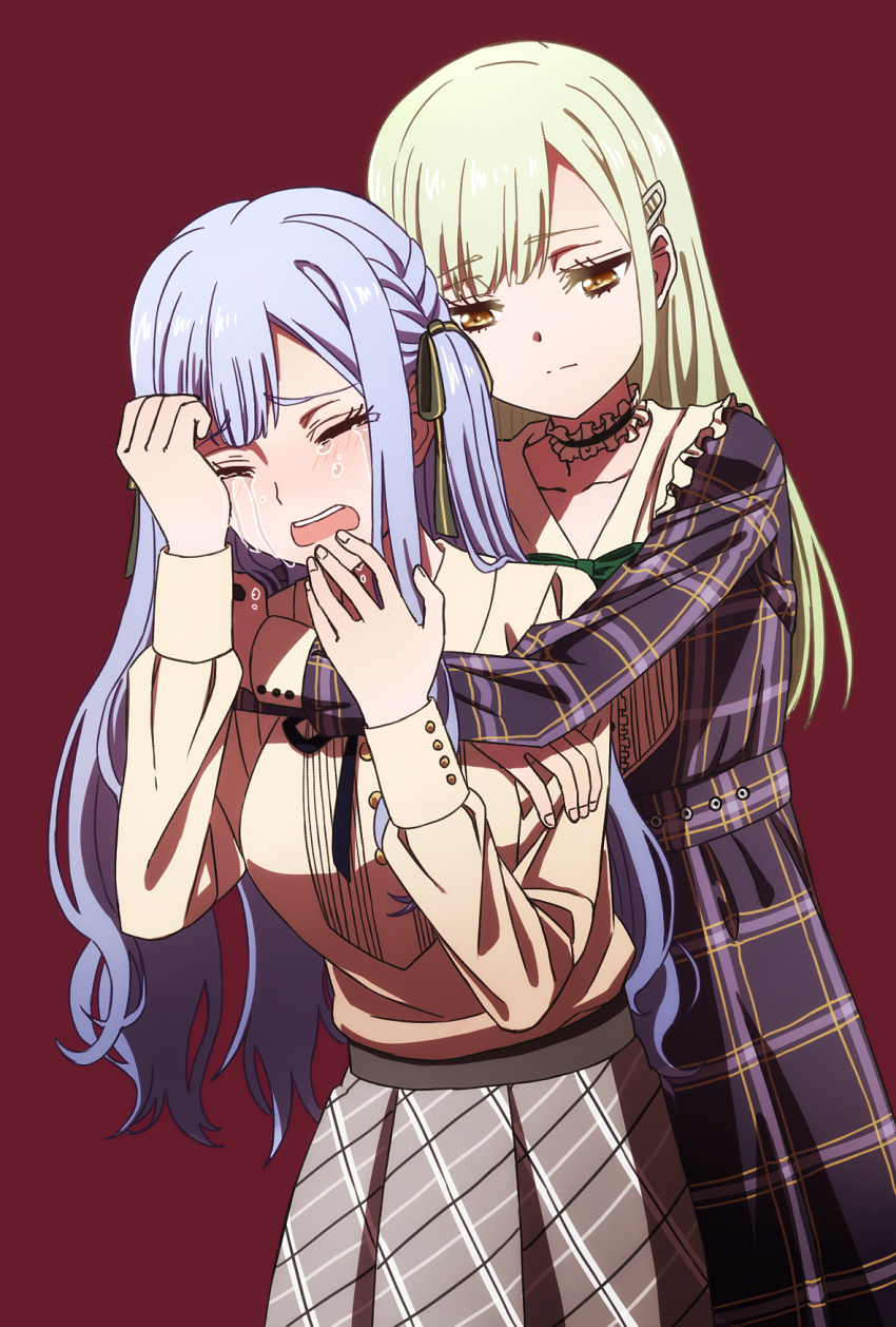 2girls bang_dream! bang_dream!_it&#039;s_mygo!!!!! blue_hair blush bow bowtie buttons casual choker closed_eyes closed_mouth collarbone commentary_request commission cowboy_shot crying dress expressionless fingernails frilled_choker frills frown green_bow green_bowtie green_hair grey_skirt hair_ornament hair_ribbon hairclip highres hug hug_from_behind long_hair long_sleeves multiple_girls oiun open_mouth pixiv_commission plaid_clothes plaid_dress plaid_skirt red_background ribbon sad sidelocks simple_background skirt split_mouth swept_bangs tears teeth togawa_sakiko two-tone_ribbon two_side_up upper_teeth_only wakaba_mutsumi wiping_tears yellow_eyes yuri