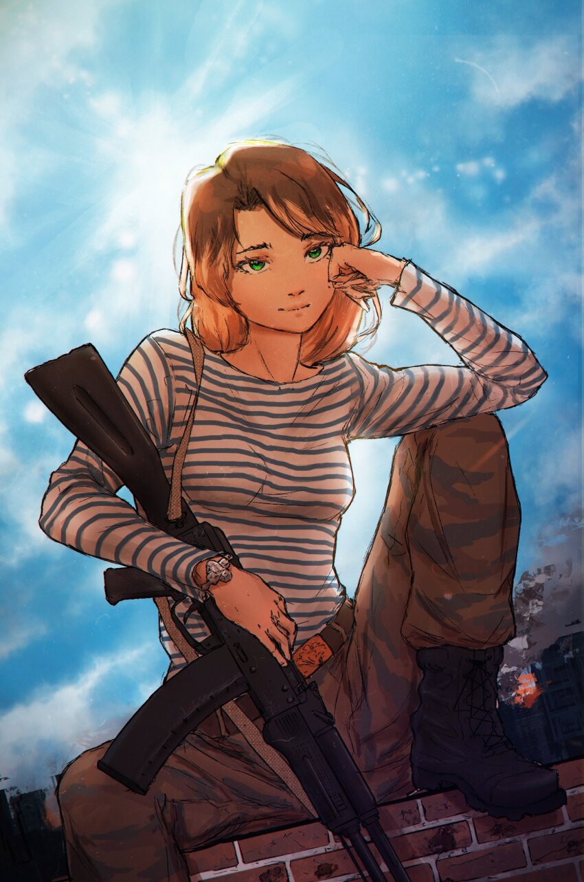 1girl ak-74m assault_rifle belt belt_buckle black_boots blue_shirt blue_sky boots bracelet breasts brick_wall brown_belt brown_hair brown_pants buckle building burning burning_building camouflage camouflage_pants closed_mouth cloud combat_boots day fire foot_out_of_frame green_hair green_pants gun gun_sling hand_on_own_head hand_on_weapon highres jewelry kalashnikov_rifle lace-up_boots long_sleeves looking_at_viewer medium_hair mole original outdoors pants rifle sanpaku shirt shirt_tucked_in sitting sketch sky smoke solo striped_clothes striped_shirt sun telnyashka two-tone_shirt undershirt van_duck_iii weapon white_shirt