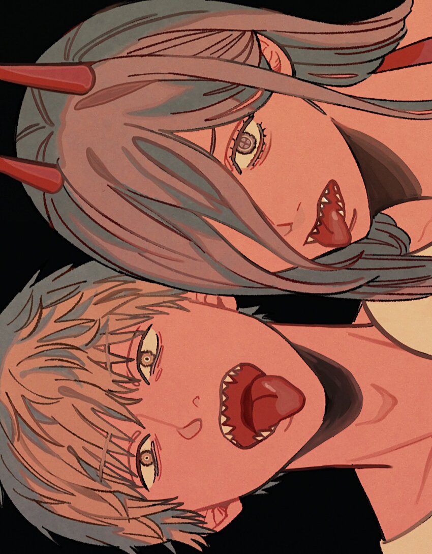 1boy 1girl brown_eyes brown_hair chainsaw_man commentary cross-shaped_pupils denji_(chainsaw_man) hair_over_one_eye highres horns llq9ull power_(chainsaw_man) red_horns sharp_teeth sideways symbol-shaped_pupils teeth tongue tongue_out