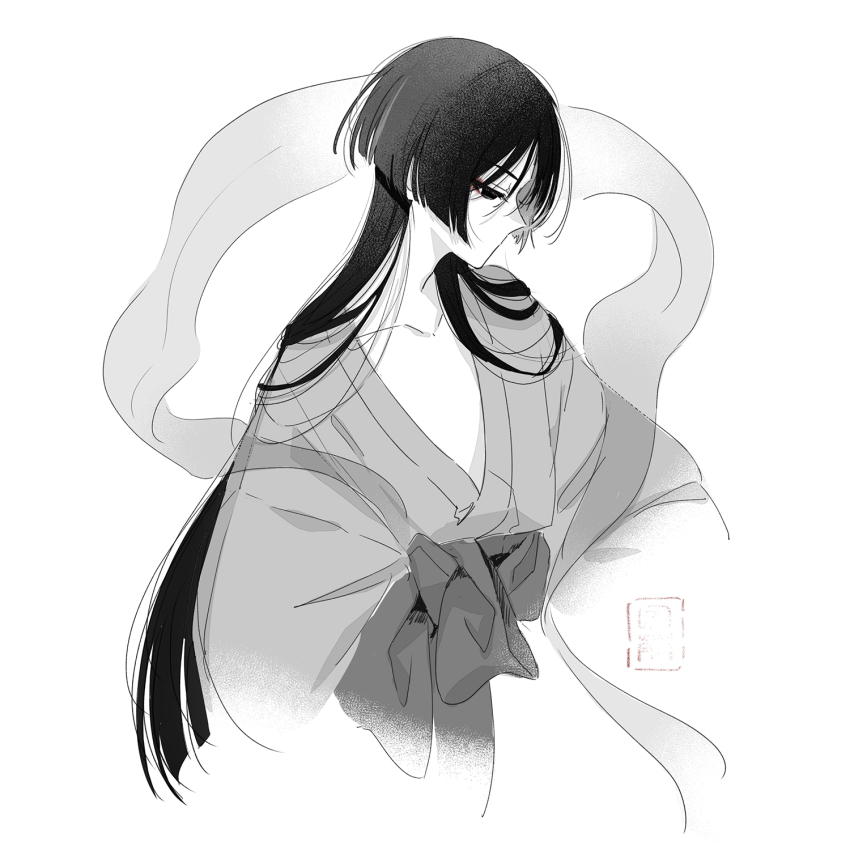 1boy alternate_costume alternate_hair_length alternate_hairstyle blunt_ends bow buku2_suisou collarbone genshin_impact hagoromo hair_over_shoulder highres japanese_clothes kimono long_hair looking_down lowered_eyelids male_focus monochrome multicolored_hair no_mouth plunging_neckline sash scaramouche_(genshin_impact) shawl sketch solo straight_hair streaked_hair upper_body very_long_hair white_background wolf_cut
