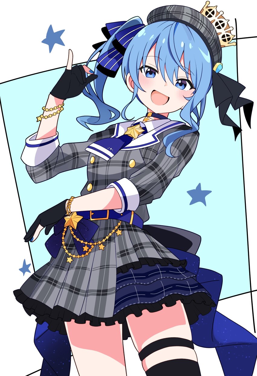 1girl :d absurdres ascot back_bow bead_bracelet beads belt beret black_gloves blue_ascot blue_belt blue_bow blue_choker blue_eyes blue_hair blue_nails bow bracelet breasts choker collared_shirt cowboy_shot crown dot_nose gesture_request gloves grey_jacket grey_skirt hair_between_eyes hair_bow hair_over_shoulder hand_up hat highres hololive hoshimachi_suisei hoshimachi_suisei_(1st_costume) hutaba_haru jacket jewelry light_blush long_sleeves looking_at_viewer medium_hair miniskirt open_mouth partially_fingerless_gloves plaid_clothes plaid_hat plaid_jacket plaid_skirt shirt side_ponytail skirt skirt_set small_breasts smile solo star_(symbol) star_choker striped_bow virtual_youtuber white_shirt wispy_bangs