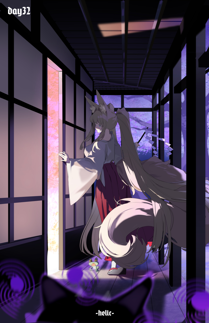 1girl absurdres animal_ear_fluff animal_ears architecture black_shoes blonde_hair breasts cat cherry_blossoms east_asian_architecture fox_ears fox_girl fox_girl_miko_(7317helic) fox_tail frog gohei green_eyes hair_intakes hakama hakama_skirt helic_(7317helic) highres japanese_clothes kosode long_hair long_sleeves miko open_door original ponytail red_hakama shoes shouji shrine signature skirt sliding_doors socks solo tail very_long_hair walking white_socks wide_sleeves