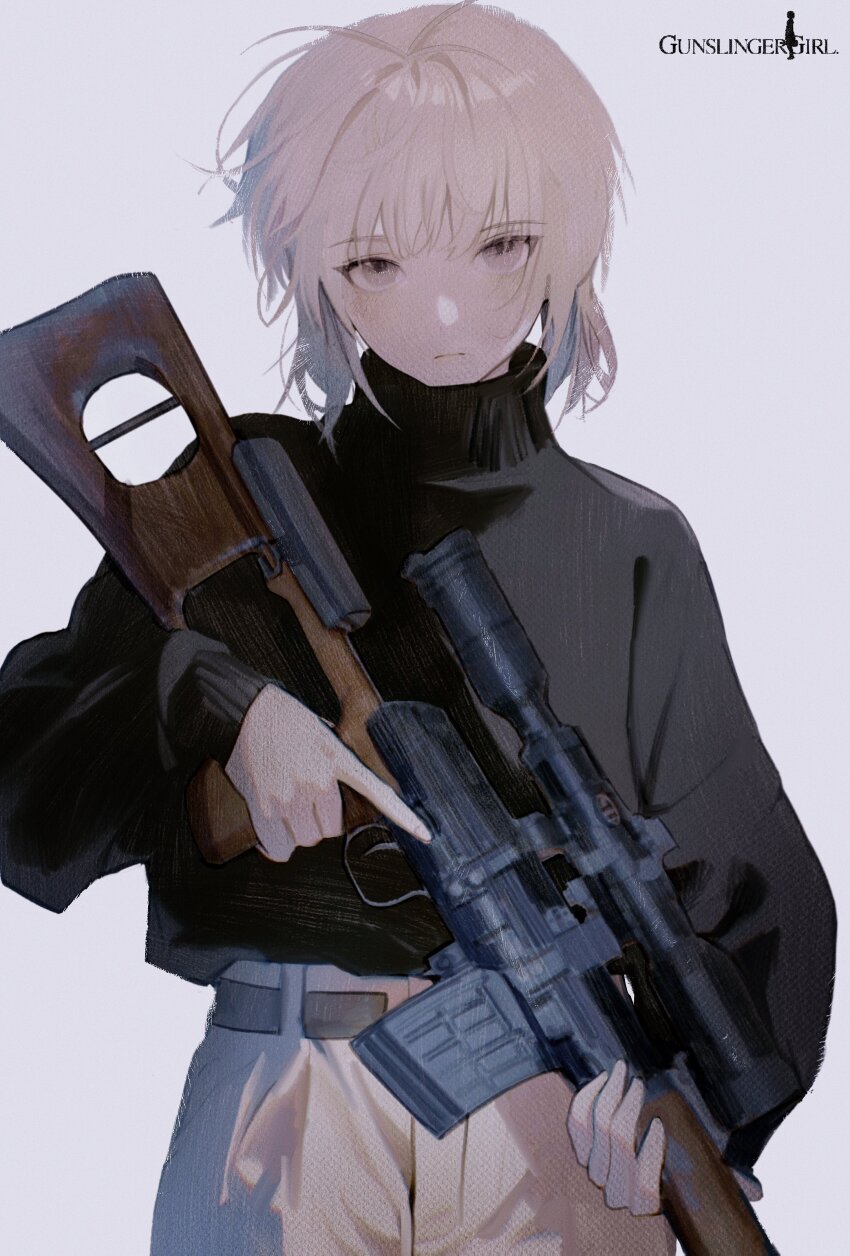 1girl absurdres androgynous black_sweater blonde_hair bob_cut brown_pants closed_mouth dragunov_svd grey_background grey_eyes gun gunslinger_girl highres holding holding_gun holding_weapon logo long_sleeves looking_at_viewer nagamerin pants rico_(gunslinger_girl) rifle short_hair sniper_rifle solo sweater trigger_discipline turtleneck turtleneck_sweater weapon