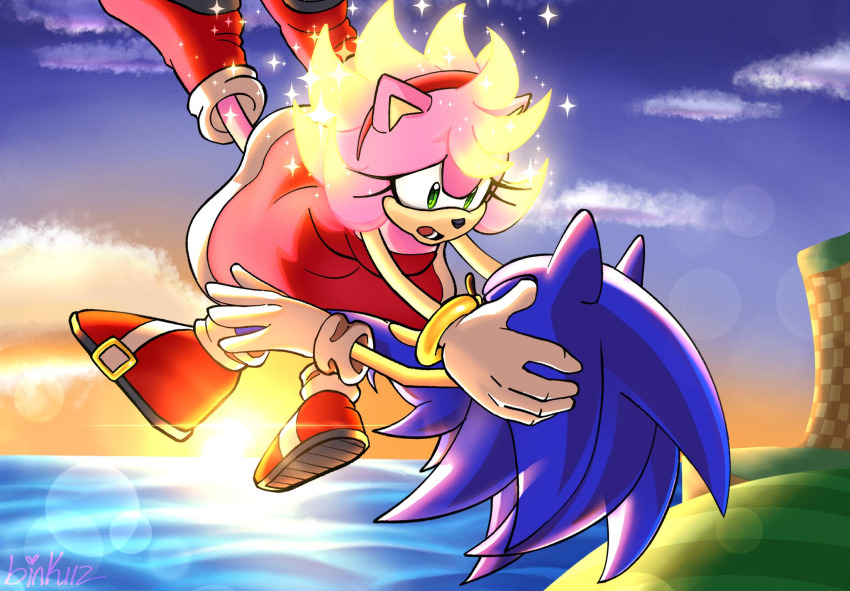 1boy 1girl amy_rose binkiiz_ blue_fur blue_hair boots bracelet catching child dress eyelashes falling gloves gold_fur gold_hair grass green_eyes green_hill_zone hairband hedgehog highres jewelry legs ocean pink_fur pink_hair red_dress sega shoes socks sonamy sonic_(series) sonic_the_hedgehog spiked_hair sun sunset super_amy_rose worried worried_look