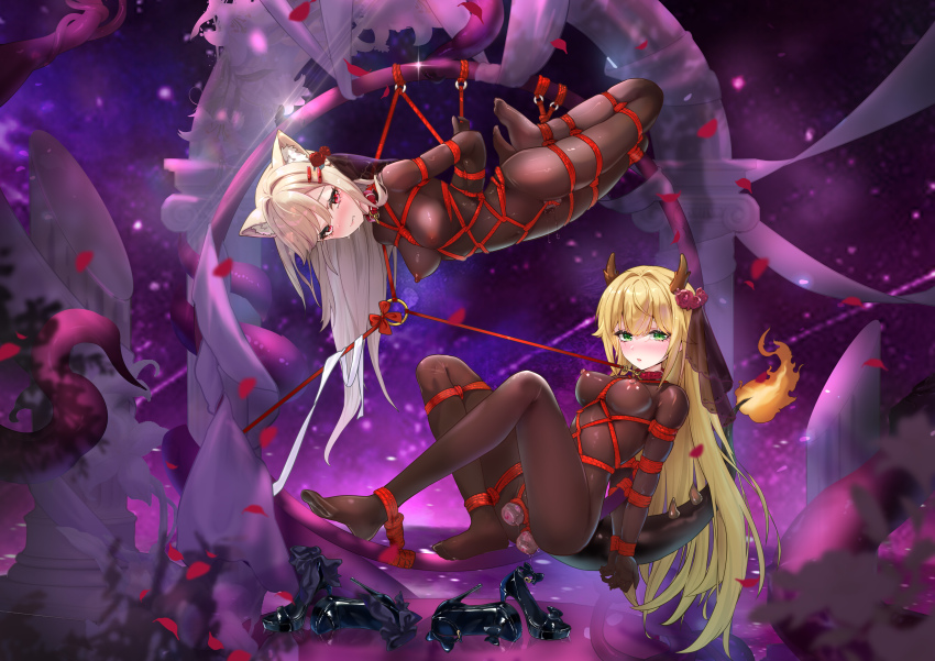 absurdres animal_ears armbinder blonde_hair bodystocking dragon_horns dragon_tail green_eyes highres horns original red_eyes restrained sex_toy stationary_restraints tail vibrator xiaomu314