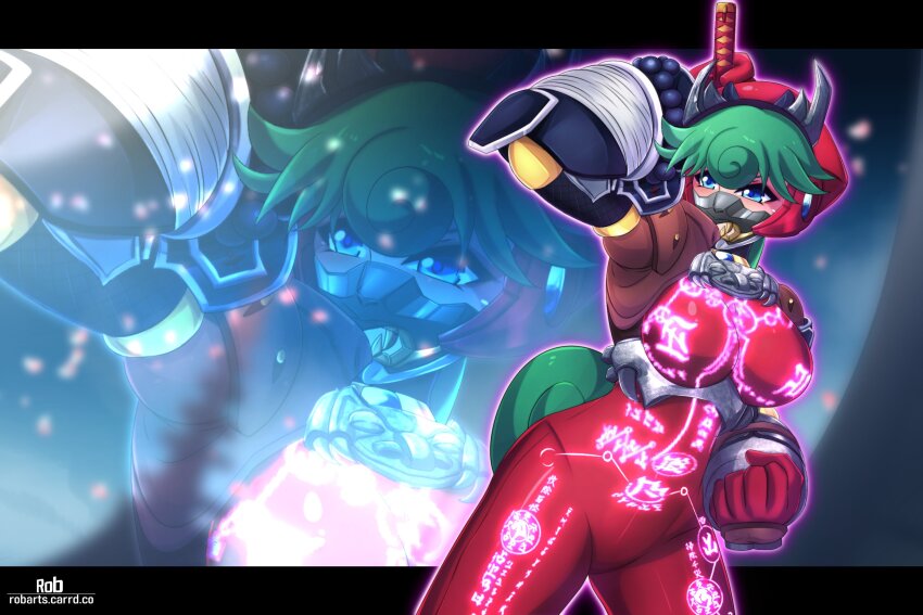 1girl artist_name axasempai black_border blue_eyes bodysuit border breasts clenched_hand cosplay cowboy_shot full-body_tattoo glowing_tattoo green_hair helmet highres holding holding_knife knife large_breasts long_hair marino_(mega_man) mask mega_man_(series) mega_man_x:_command_mission mega_man_x_(series) mouth_mask red_bodysuit red_helmet short_sword solo_focus soul_calibur sword taki_(soulcalibur) taki_(soulcalibur)_(cosplay) tantou tattoo weapon zoom_layer