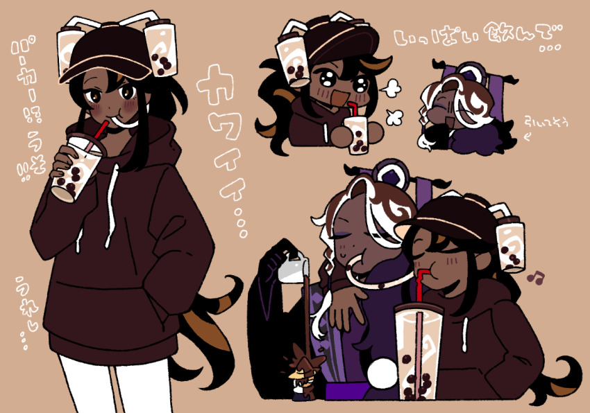 1boy 1girl :t affogato_cookie april_fools arm_on_another&#039;s_shoulder baseball_cap black_hat brown_background brown_hoodie bubble_tea caramel_arrow_cookie ckrn_latte collage cookie_run cookie_run:_kingdom dark-skinned_female dark-skinned_male dark_skin drinking_straw drinking_straw_in_mouth excited hat hood hoodie humanization long_hair multiple_views official_alternate_costume pants pouring pouring_onto_another simple_background sweatdrop very_long_hair white_pants