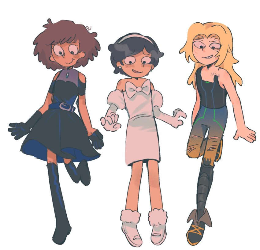 3girls alien_stage amphibia anne_boonchuy asymmetrical_gloves black_boots black_dress black_gloves black_hair black_shoes black_tank_top blonde_hair blue_pants boots bow brown_hair chest_bow chest_tattoo clothing_cutout commentary cosplay dark-skinned_female dark_skin dress dress_bow earrings elbow_gloves english_commentary full_body gloves gradient_pants hairband half_gloves highres hyuna_(alien_stage) hyuna_(alien_stage)_(cosplay) jewelry juliet_sleeves long_hair long_sleeves marcy_wu mizi_(alien_stage) mizi_(alien_stage)_(cosplay) mole mole_under_eye morick multiple_girls pants prosthesis prosthetic_leg puffy_sleeves sasha_waybright shoes short_hair short_sleeves shoulder_cutout simple_background single_elbow_glove single_half_glove single_strap sua_(alien_stage) sua_(alien_stage)_(cosplay) tank_top tattoo thigh_boots two-tone_pants uneven_gloves white_background white_boots white_bow white_dress white_gloves white_hairband yellow_pants