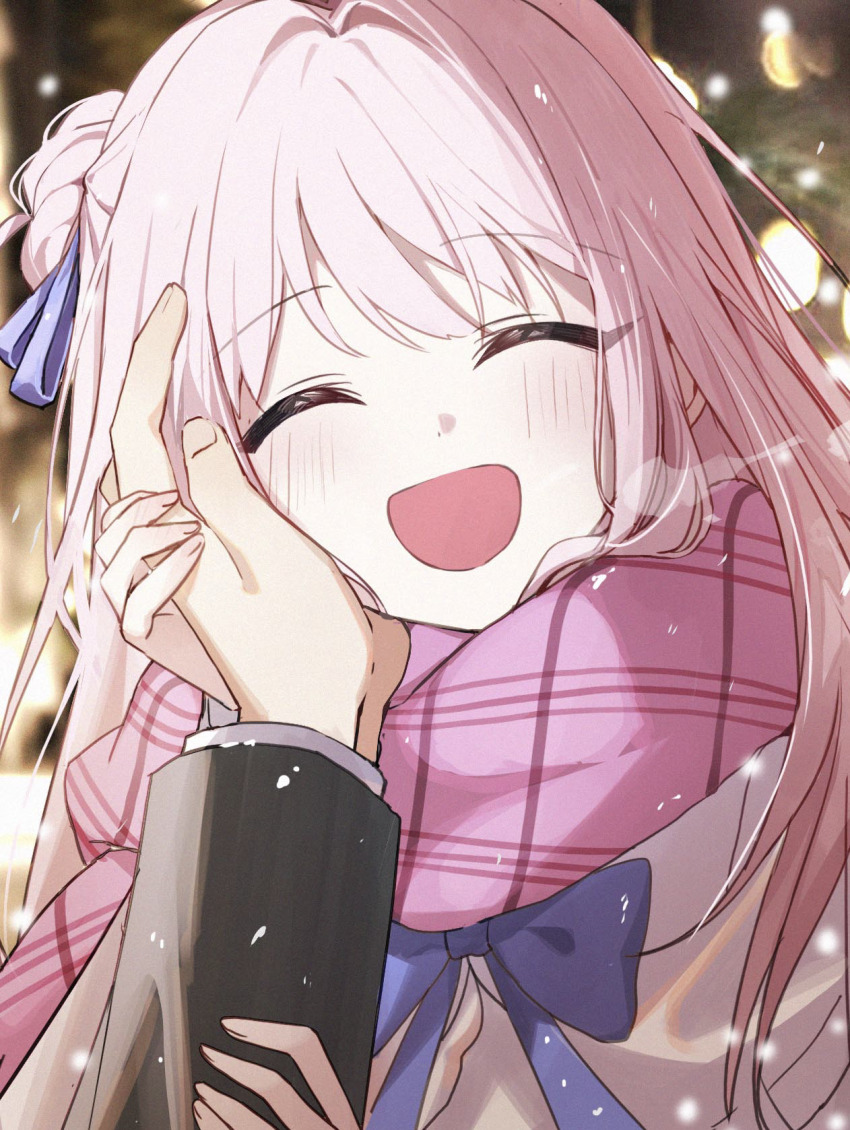 1boy 1girl :d alternate_costume b_soyo1 black_jacket blue_archive blurry blurry_background blush bow bowtie brown_coat closed_eyes coat commentary_request hair_bun hair_ribbon hand_on_another&#039;s_cheek hand_on_another&#039;s_face hand_up highres holding_another&#039;s_arm jacket long_hair long_sleeves mika_(blue_archive) open_mouth pink_hair pink_scarf plaid_clothes plaid_scarf portrait purple_bow purple_bowtie purple_ribbon ribbon scarf single_side_bun smile snowing winter_clothes