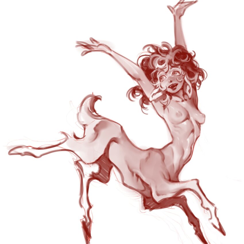1girl animal_ears arms_up breasts centaur commentary deer_ears deer_girl deer_tail full_body highres looking_to_the_side messy_hair monster_girl nipples original sepia simple_background solo tail taur testarossaart