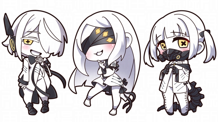 3girls :d bare_shoulders barefoot black_boots black_bow black_gloves blindfold blue_archive blush boots bow chibi collarbone colored_eyelashes colored_skin commentary cross-shaped_pupils detached_sleeves dress ein_(blue_archive) facing_viewer full_body gloves groin hair_over_one_eye hand_up highres index_finger_raised jacket long_hair long_sleeves looking_at_viewer mask mismatched_pupils multiple_girls naked_jacket navel off-shoulder_jacket off_shoulder ohr_(blue_archive) open_mouth parted_bangs respirator saishosaisekojo simple_background sleeves_past_wrists smile sof_(blue_archive) standing symbol-shaped_pupils tail twintails very_long_hair white_background white_dress white_hair white_jacket white_skin white_sleeves wide_sleeves yellow_eyes