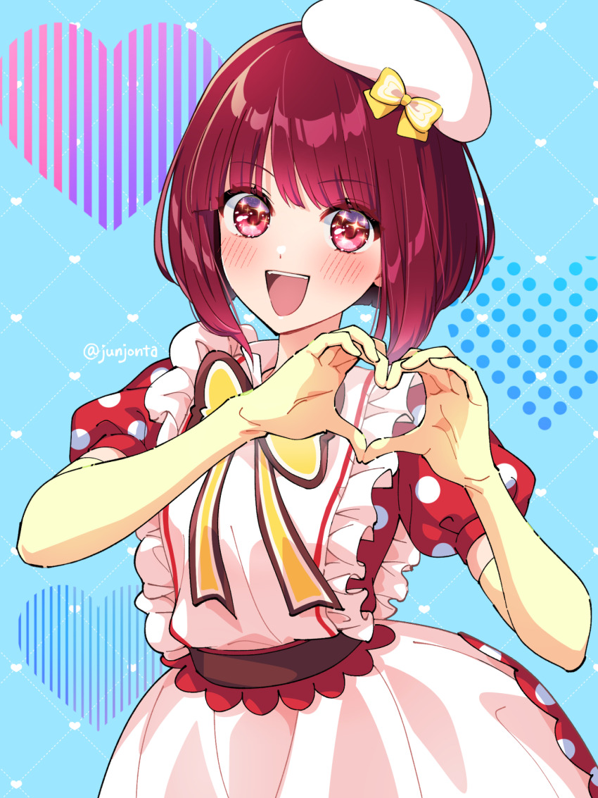 1girl arima_kana beret blue_background blush bob_cut bow bowtie dress gloves hair_bow hat heart highres idol_clothes junjonta looking_at_viewer medium_hair open_mouth oshi_no_ko red_dress red_eyes red_hair short_hair simple_background smile solo white_hat yellow_bow yellow_bowtie yellow_gloves yellow_sleeves