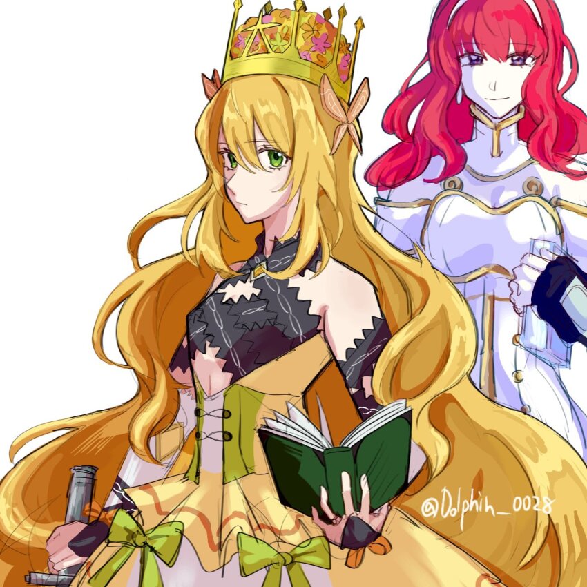1girl bare_shoulders blonde_hair book bow butterfly_hair_ornament celica_(emblem)_(fire_emblem) celica_(fire_emblem) celine_(fire_emblem) crown dolphin_0028 dress dress_bow fire_emblem fire_emblem_engage gem green_eyes hair_ornament highres holding holding_book long_hair looking_at_viewer nintendo open_book orange_bow orange_gemstone princess red_eyes red_hair very_long_hair wrist_bow yellow_dress