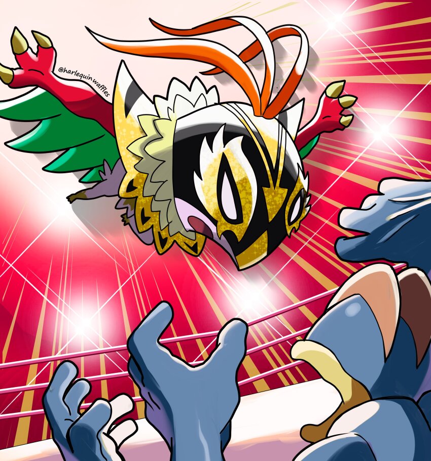2others absurdres bird blank_eyes claws extra_arms fighting furry gen_1_pokemon gen_6_pokemon harlequinwaffles hawlucha highres looking_at_another luchador luchador_mask machamp mask mega_hawlucha mega_pokemon multiple_others nintendo open_mouth plume pokemon pokemon_(creature) pokemon_focus wings wrestling wrestling_ring