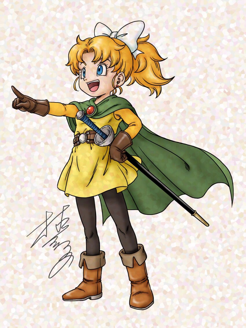 1girl black_leggings blonde_hair blue_eyes boots bow brown_boots brown_gloves cape commentary_request dragon_quest dragon_quest_ii earrings floating_cape full_body gem gloves green_cape hair_bow hand_on_own_hip highres jewelry leggings looking_ahead mosaic_background murakami_yumiko parted_bangs pointing ponytail princess_of_samantoria rapier red_gemstone sheath sheathed signature solo stud_earrings sword toriyama_akira_(style) tunic weapon white_bow yellow_tunic