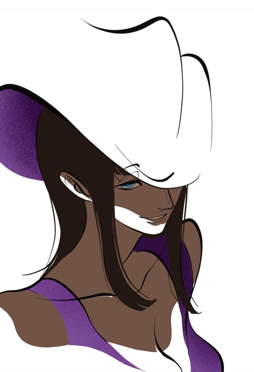 1girl black_hair blue_eyes blunt_bangs breasts cleavage cowboy_hat fengcheche hat highres medium_hair nico_robin one_piece purple_shirt shirt sidelocks simple_background sleeveless smile solo upper_body white_background white_hat