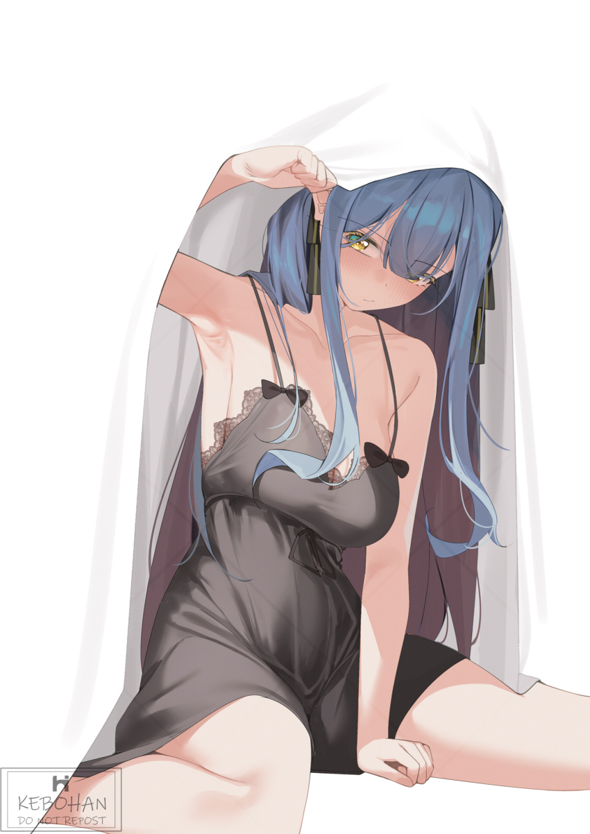 1girl armpits bang_dream! bang_dream!_it&#039;s_mygo!!!!! black_nightgown black_ribbon blending blue_hair blush breasts highres kebohan large_breasts long_hair looking_at_viewer nightgown ribbon sidelocks sitting solo togawa_sakiko yellow_eyes