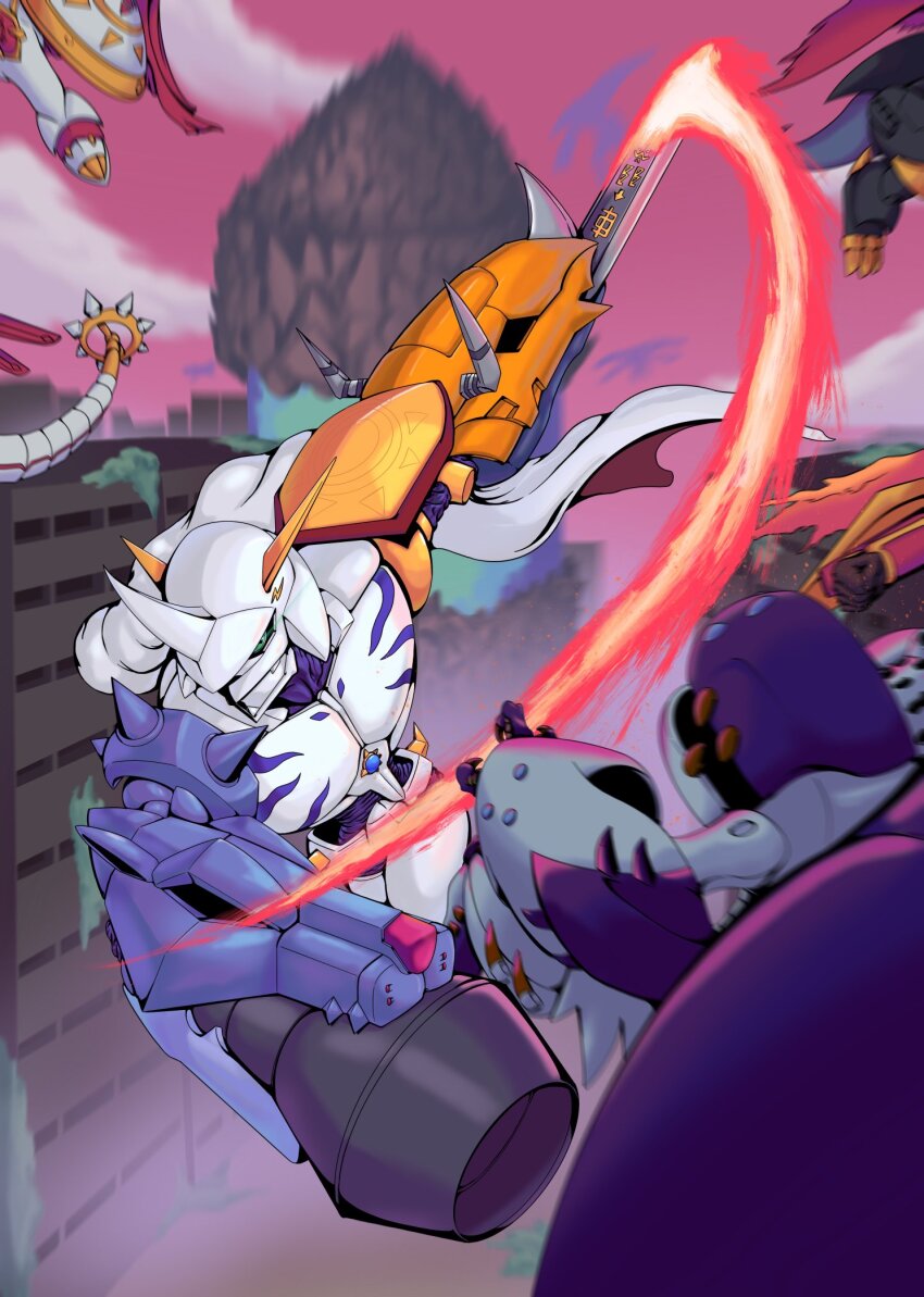 aldamon armor belialvamdemon cannon digimon digimon_(creature) digimon_xros_wars digimon_xros_wars:_toki_wo_kakeru_shounen_hunter-tachi dukemon fusion highres imperialdramon imperialdramon_dragon_mode omegamon shinegreymon sword tail weapon wings