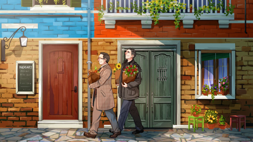 2boys beard_stubble black_hair brown_hair building facial_hair flower flower_pot from_side full_body glasses grey_hair hair_slicked_back harold_finch_(person_of_interest) highres holding holding_flower john_reese_(person_of_interest) kadeart looking_up male_focus mature_male multicolored_hair multiple_boys mustache_stubble outdoors person_of_interest profile short_hair sideburns slice_of_life smile streaked_hair stubble walking