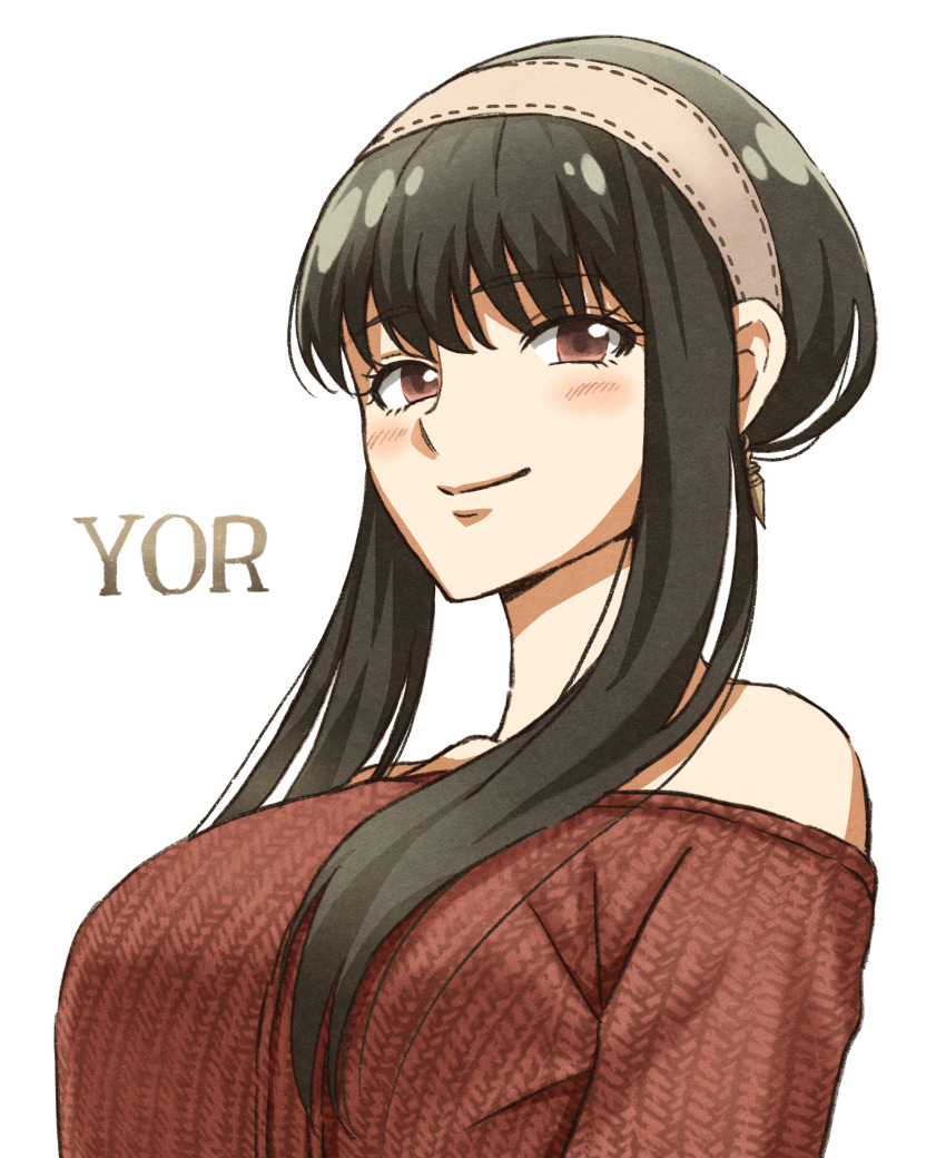 1girl absurdres bad_id bad_pixiv_id bare_shoulders black_hair blush breasts character_name closed_mouth edaori female_focus hairband highres large_breasts mature_female off-shoulder_sweater off_shoulder red_eyes red_sweater sidelocks simple_background smile solo spy_x_family sweater updo upper_body white_background yor_briar