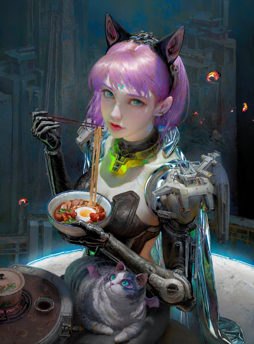 1girl absurdres animal animal_ears animal_on_lap blue_eyes bowl breasts cat cat_ears chopsticks collar cyberpunk cyborg earrings eating egg facial_mark fake_animal_ears food forehead_mark hairband highres holding holding_bowl holding_chopsticks jewelry lips looking_at_viewer mechanical_arms mechanical_legs mechanical_parts mechanical_wings noodles on_lap original pink_hair purple_hair ramen realistic red_lips ruanjia science_fiction short_hair single_mechanical_arm sitting solo wings